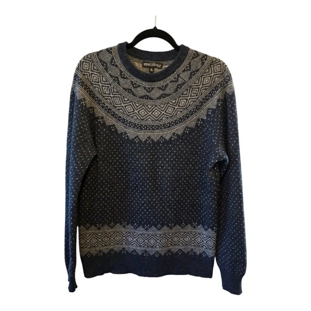J.CREW MERCANTILE FAIR ISLE MENS PULLOVER SWEATER BLUE WHITE LONG SLEEVE MEDIUM